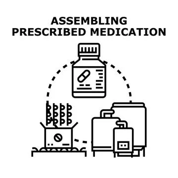 Assembling prescribed medication process vector concept Illustrazione stock