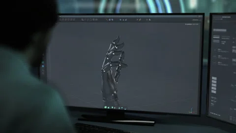 Assembling the small mechanisms of the 3d realistic robotic arm project model Stock Footage 303566367