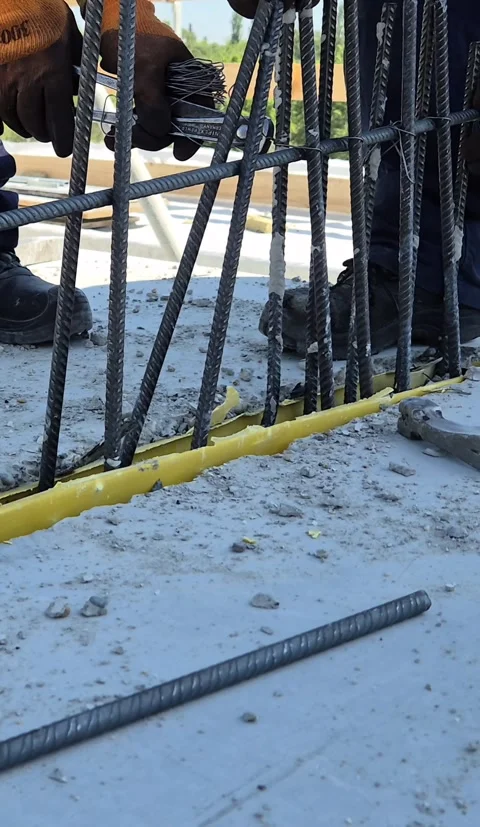 Assembling steel rebar between precast concrete walls vertical 9 16 Stock Footage 335298711