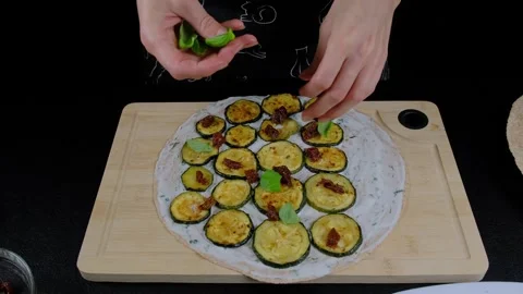Assembling Zucchini Basil Canapes Overhead Cooking Preparation Stock Footage 341422544