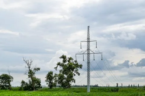 Assembly and installation of new support of a power line Foto stock