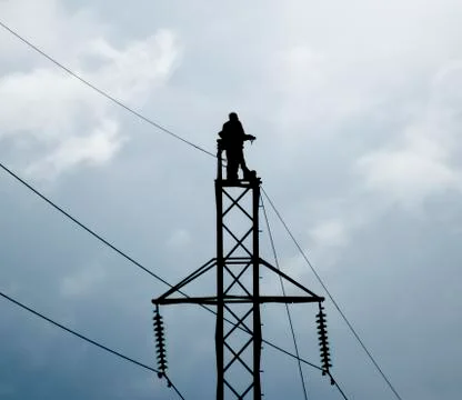 Assembly and installation of new support of a power line Stock Photos