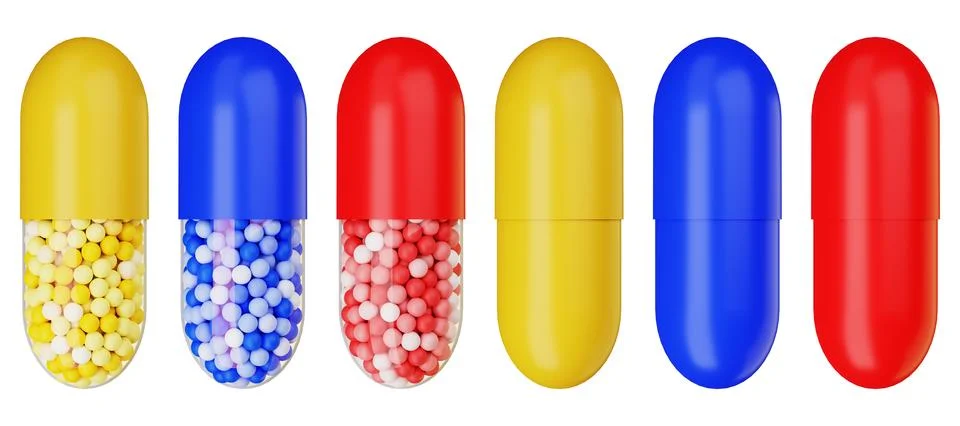 Assembly of capsule pills. 3d render. Set of multicolored capsule pills Stock Illustration