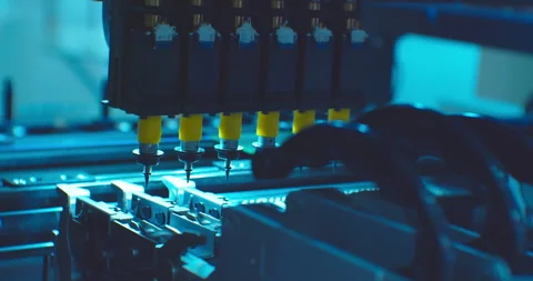Assembly of a complex electronic board by an industrial robot.Close-up Stock Footage 152705032