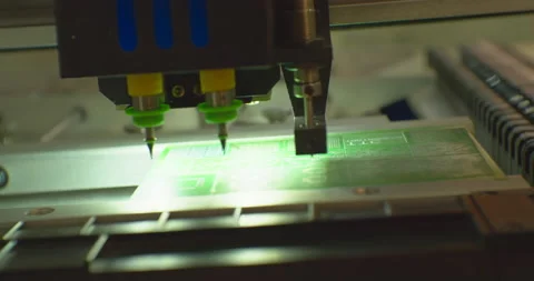 Assembly of a complex electronic board by an industrial robot.Close-up Stock Footage 152780433