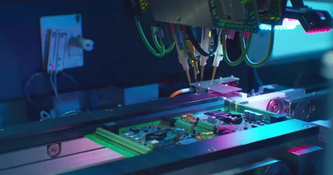 Assembly of a complex electronic board by an industrial robot.Close-up Stock Footage 152858377