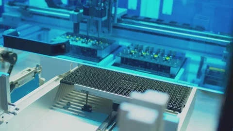 Assembly of a complex electronic board by an industrial robot Stock Footage 274361374