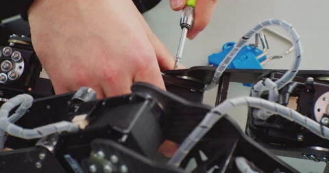 Assembly of a complex mechanism with a screwdriver.hands of a working man close Stock Footage 163155892