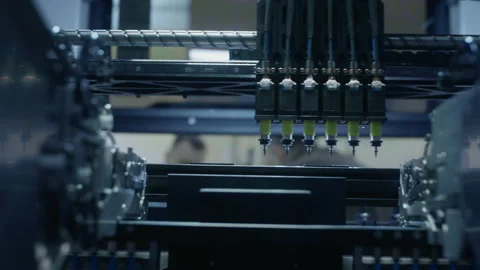 Assembly of computer circuit board: automatic SMD pick and place machine during Stock Footage 153107850