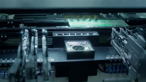 Assembly of computer circuit board: automatic SMD pick and place machine during Stock Footage 153108187