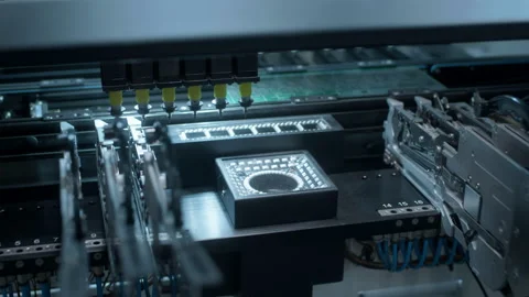 Assembly of computer circuit board: automatic SMD pick and place machine during Stock Footage 153151577