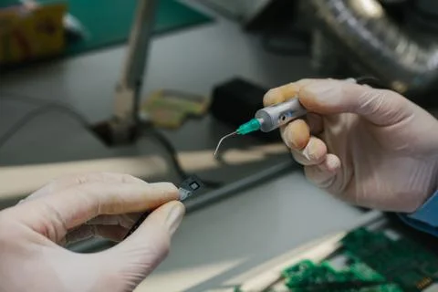 The assembly of computer units. Technological process. Stock Photos