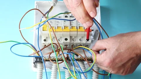 Assembly of consumer unit with fuse box and circuit breakers in home electrical Stock Footage 200838854