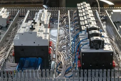 Assembly electrical Cabinet mounting panel. Circuit breakers and contactors. Stock Photos