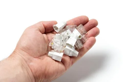 Assembly of the internet cable cat6. installation of terminals rj45 on the Stock Photos