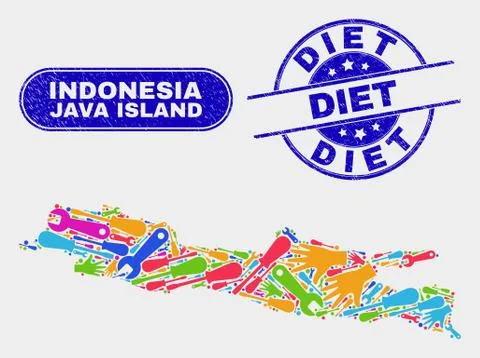 Assembly Java Island Map and Grunge Diet Seals Stock-Illustration