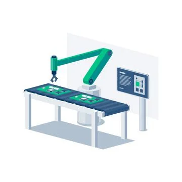 Assembly line with arm robot by conveyor belt. Stock Illustration