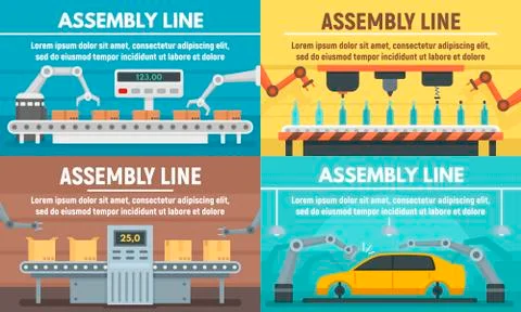 Assembly line banner set, flat style Stock Illustration