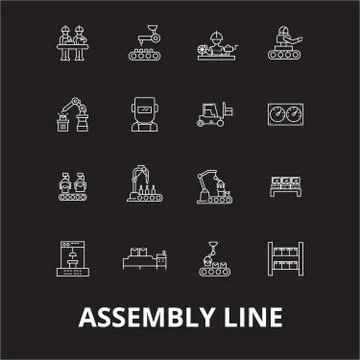 Assembly line editable line icons vector set on black background. Assembly line Stock Illustration