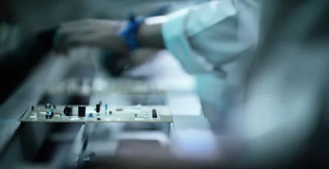 Assembly Line Factory Workers of Electronic Company Stock Footage 220284025