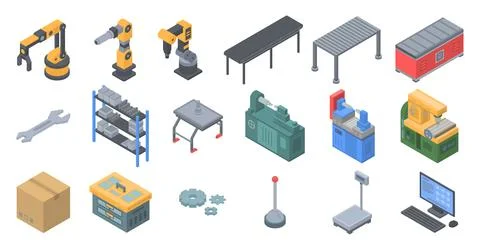 Assembly line icons set, isometric style 스톡 일러스트