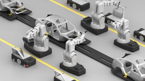 Assembly line with robots and car frame Stock Footage 337135464