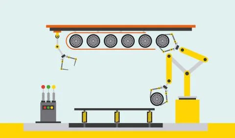 Assembly line tires automatic auto production conveyor robotic Stock Illustration