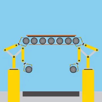 Assembly line tires automatic auto production conveyor robotic Stock Illustration