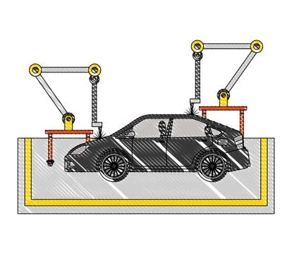 Assembly line tires automatic auto production conveyor robotic drawing color 스톡 일러스트