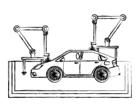 Assembly line tires automatic auto production conveyor robotic hand drawing Stock Illustration