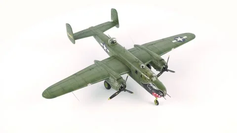 Assembly Model of B-25 Mitchell Bomber Airplane in the Background. Video stock 295388572
