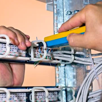 Assembly network patch panels, rear view Stock-Fotos