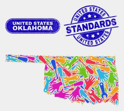 Assembly Oklahoma State Map and Scratched United States Standards Seals Ilustración de archivo