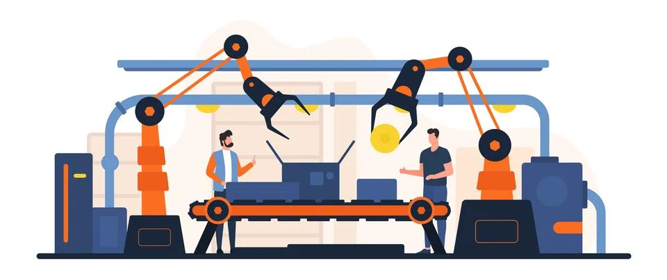 Assembly production process on automatic smart conveyor, engineers using robotic Stock Illustration