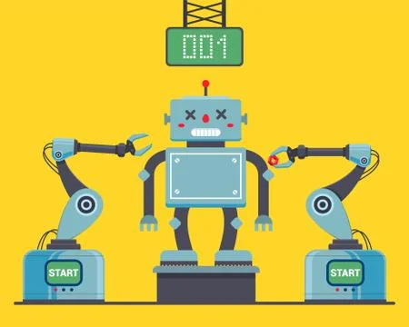 Assembly of the robot at the factory using robotic cliches. Stock Illustration