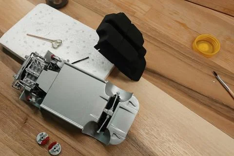 Assembly a scale model of the car. Glued and painted engine, exhaust system,  Stock Photos