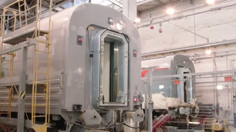 Assembly shop of the wagon plant. There are two passenger cars on the assembly Stock Footage 196358216
