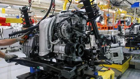 An assembly worker is installing components on a car engine in a well-lit fac 스톡 사진