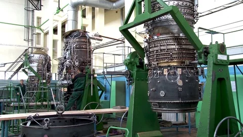 Assembly workshop of aircraft engines after repair of parts units and of blocks. Stock Footage 123329198