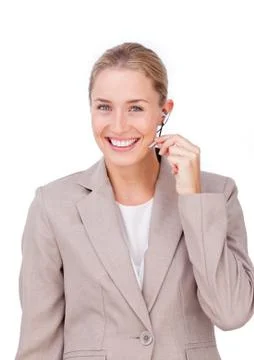 Assertive customer service representative using headset Stock Photos