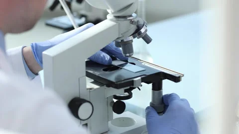 Assertive male scientist looking through a microscope Video stock 248015333