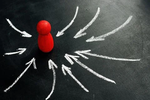 Assertiveness and be assured concept. Red figure and arrows. Stock Photos