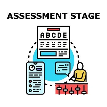 Assessment stage concept displaying evaluation process steps Stock Illustration