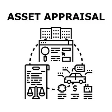 Asset appraisal process evaluating property and vehicles Stock Illustration