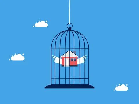 Asset control. Restrict or lock the house in the birdcage. business and inves Stock Illustration