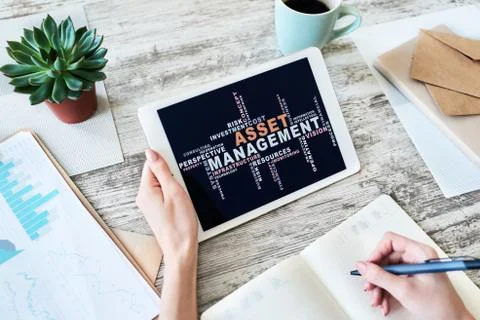 Asset management words cloud on screen. FInancial and Business concept. Stock Photos