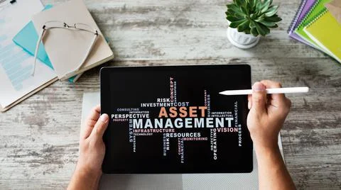 Asset management words cloud on screen. FInancial and Business concept Фото