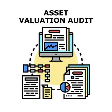 Asset valuation audit process evaluating finance documents and data Stockillustratie