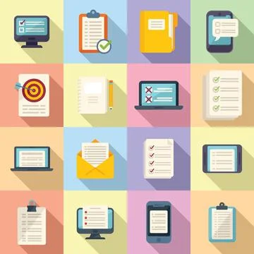 Assignment icons set flat vector. Fast exam Stock Illustration