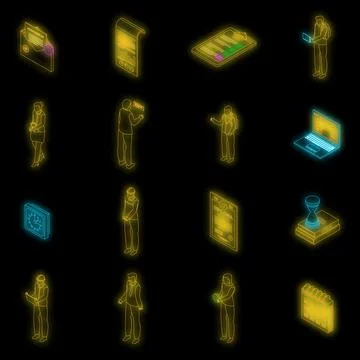 Assignment icons set vector neon Stock Illustration